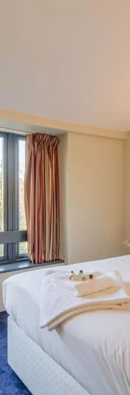 Photo of a hotel room with large double bed, desk, chair and large windows